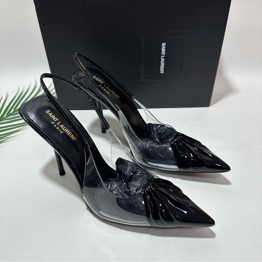 Saint Laurent Chica Black Patent & Clear PVC Pointed Slingback Pumps